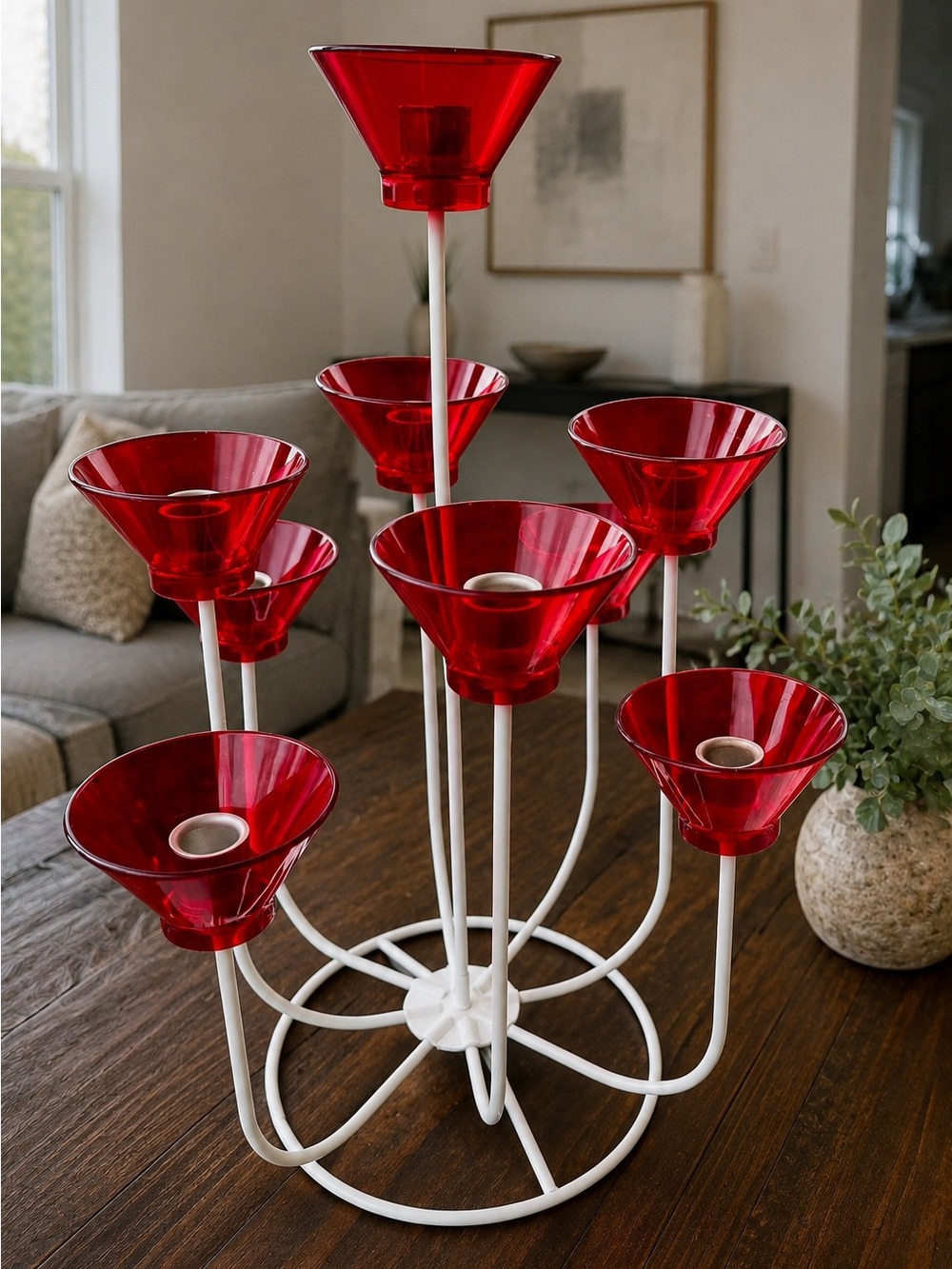 MCM Danish Modern Red Lucite Iron Candelabra Sculpture